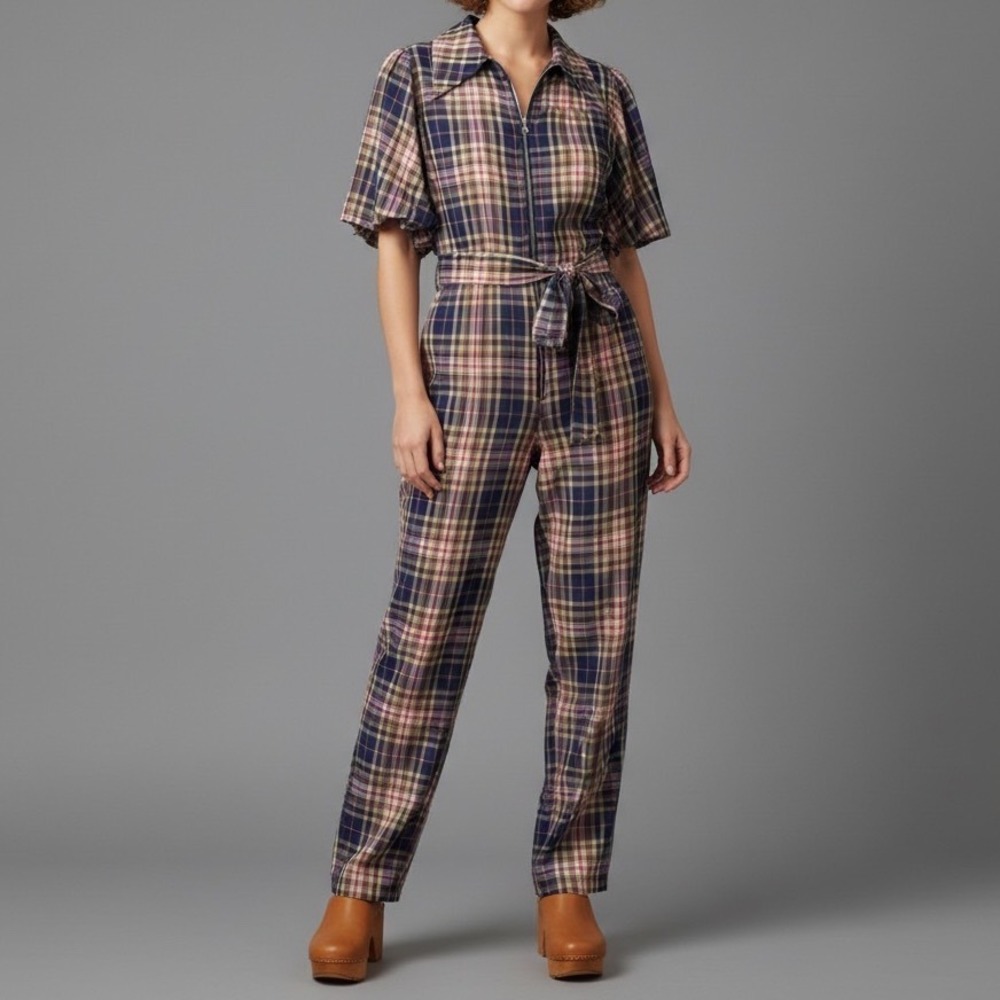 Sea New York Rooney Jumpsuit Plaid Flutter Sleeve Retro 70s Boho Size 2